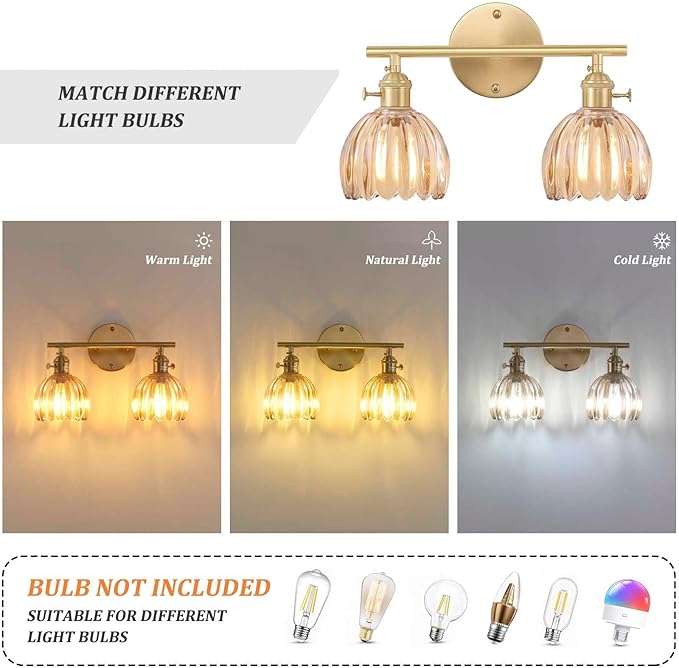 Shenmoyl Bathroom Light Fixtures, 2-Light Brass Vanity Wall Light Over Mirror