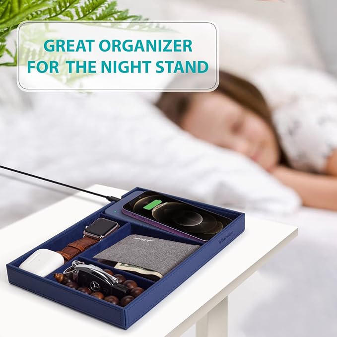 Valet Tray, Built in Wireless Charging Pad, Nightstand Organizer, Bedside