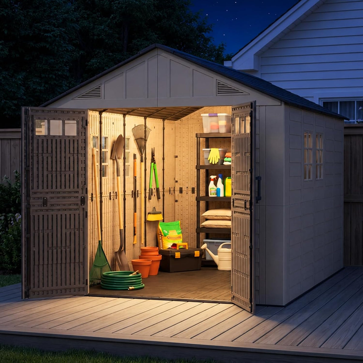 LazySunsets 8x12 Ft Outdoor Storage Shed with Light, Large Resin Outdoor Shed with Floor Included, 4 Windows & Lockable Door, Garden Plastic Storage Sheds for Bike, Lawn Tools, Garbage Can