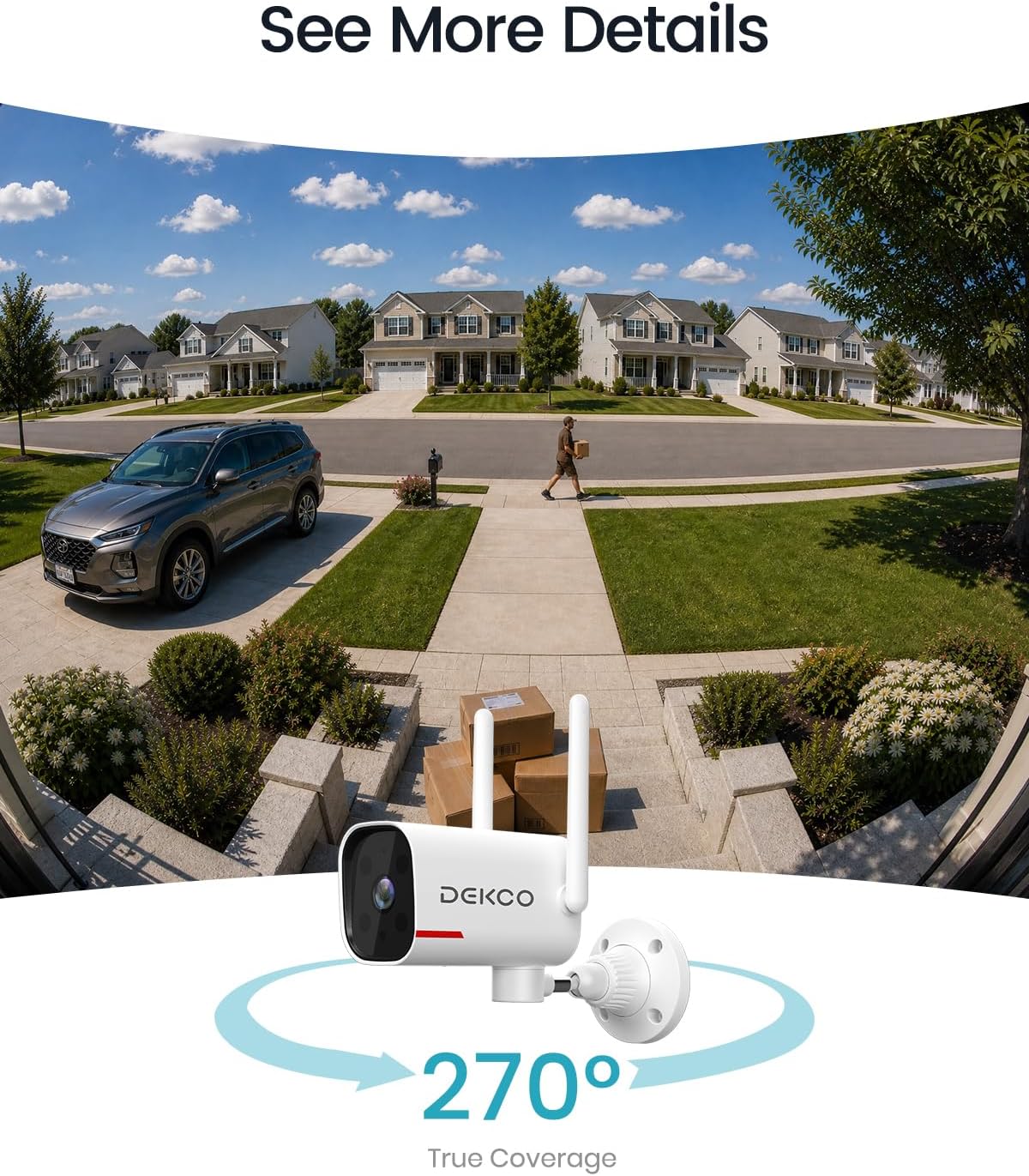 dekco 2k outdoor security cameras, wired wifi, 2 shown in use