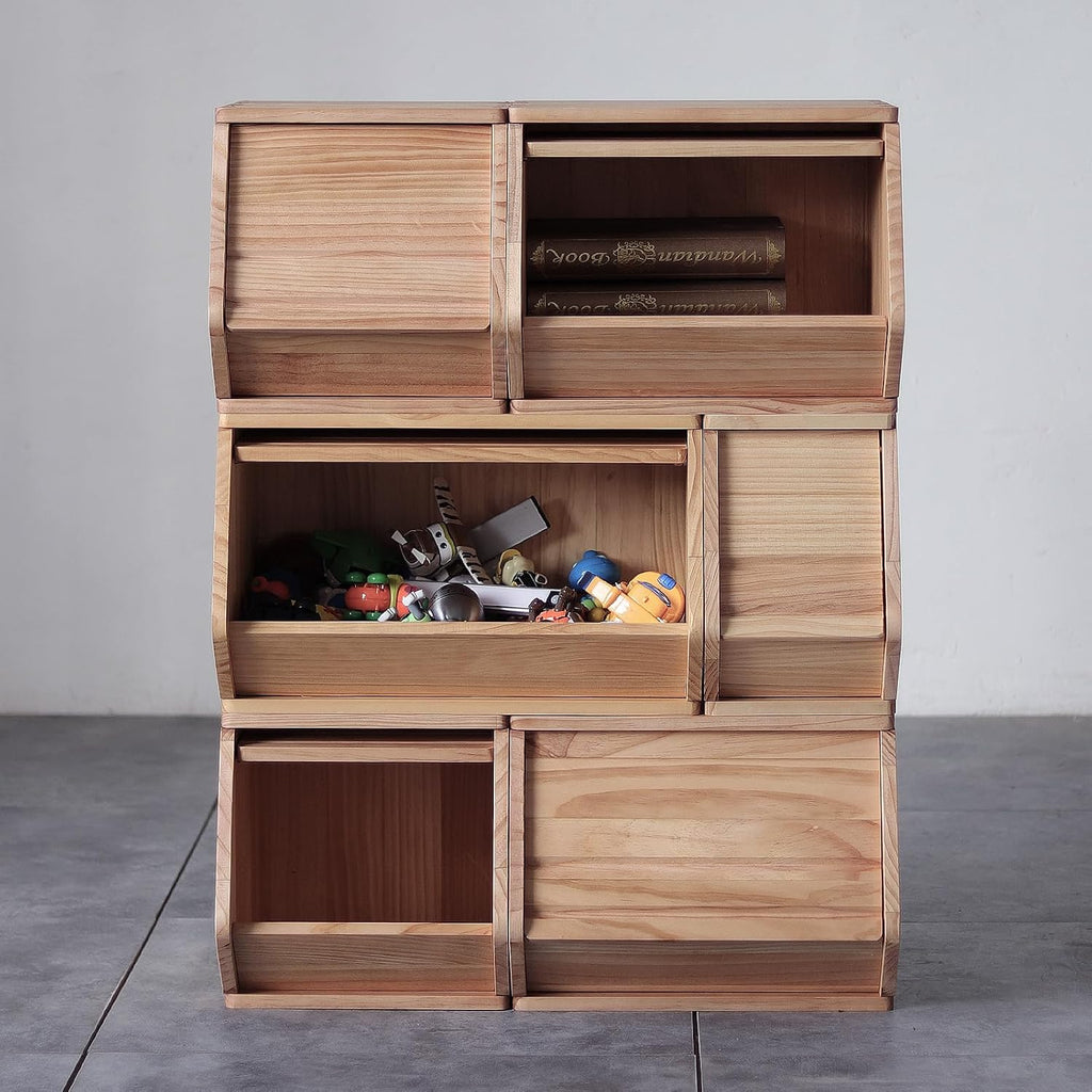 stackable solid wood storage chests, modular bins with, side view