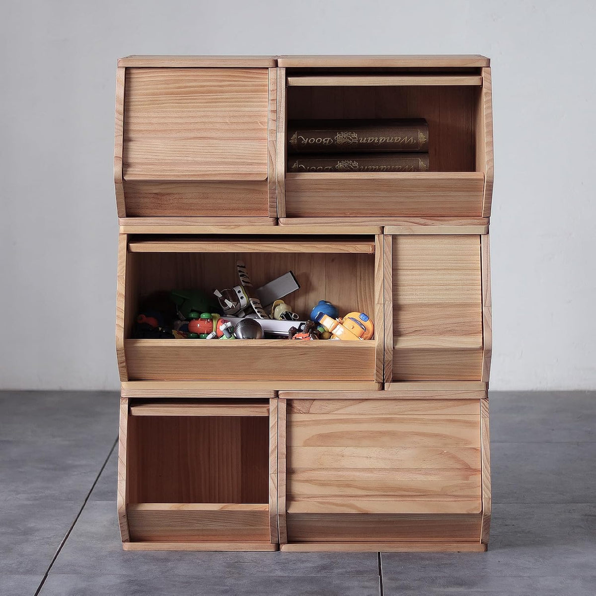 stackable solid wood storage chests, modular bins with, side view