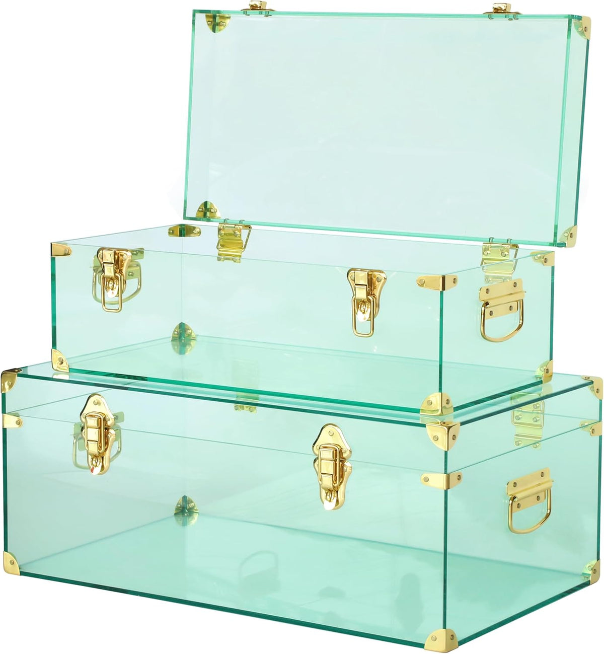 Vixdonos Acrylic Storage Chest Decorative Trunk Set of 2 Large Box College Dorm Organizer with Hardware Hasps and Handle for Home Deocr,23.7X14.2X9.5 Inches,Green
