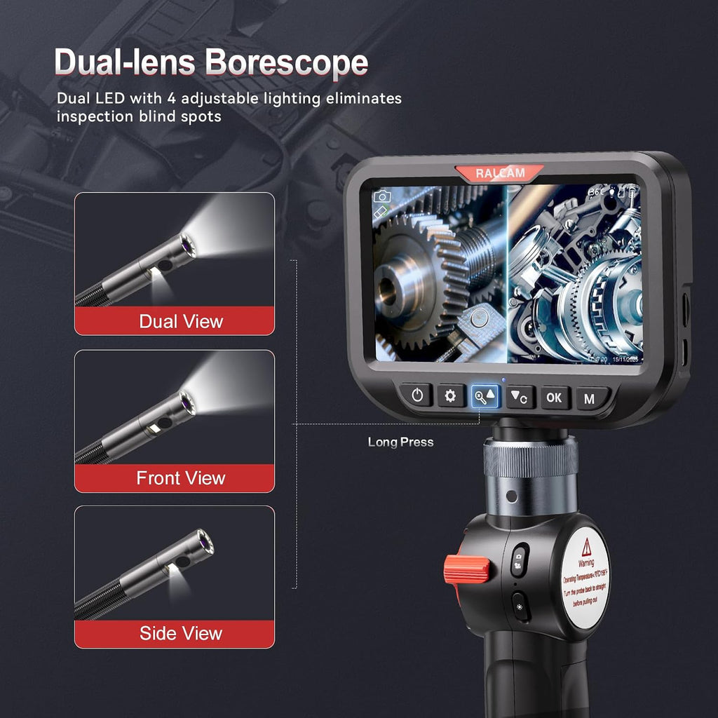 ralcam dual lens articulating borescope camera with light shown in use