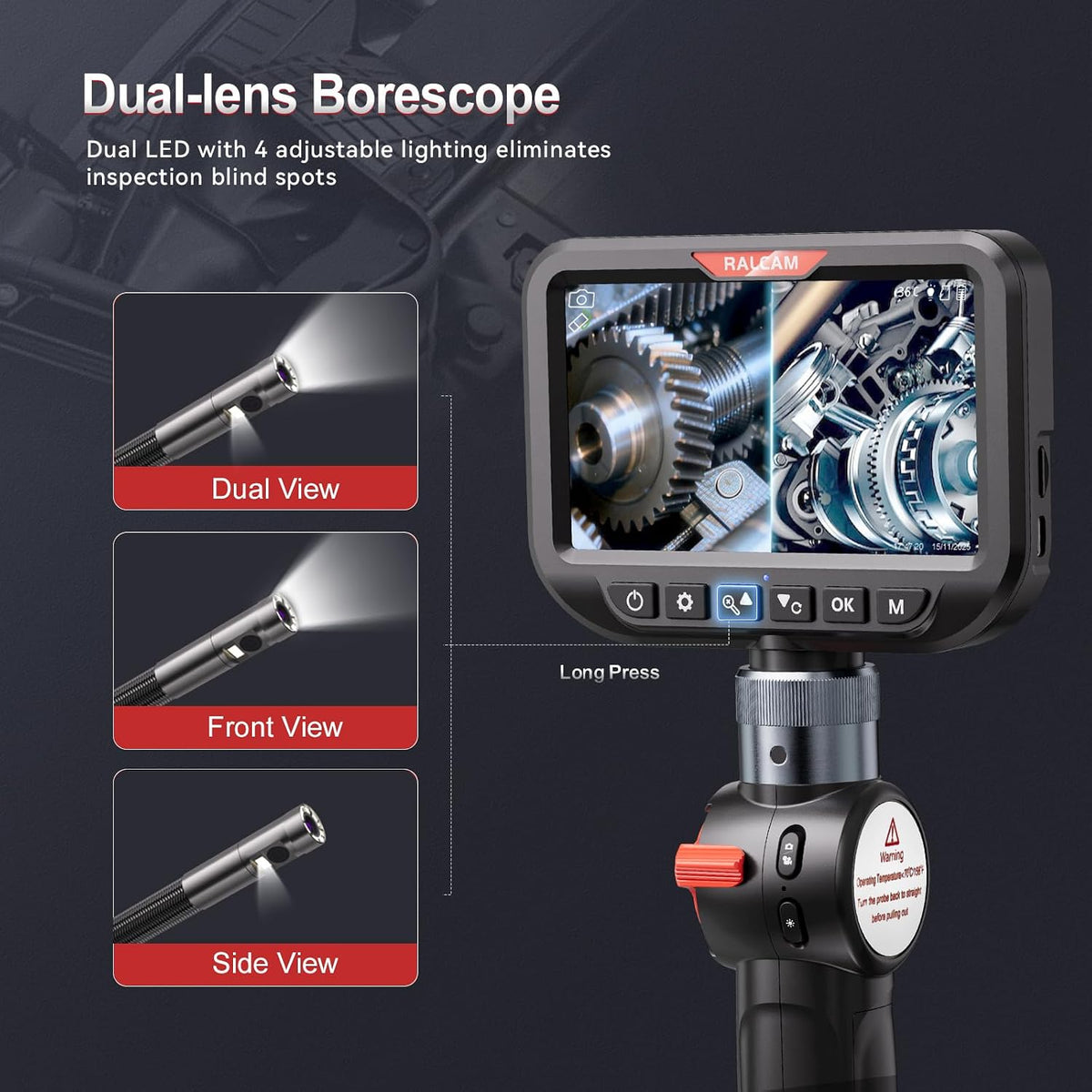 ralcam dual lens articulating borescope camera with light shown in use