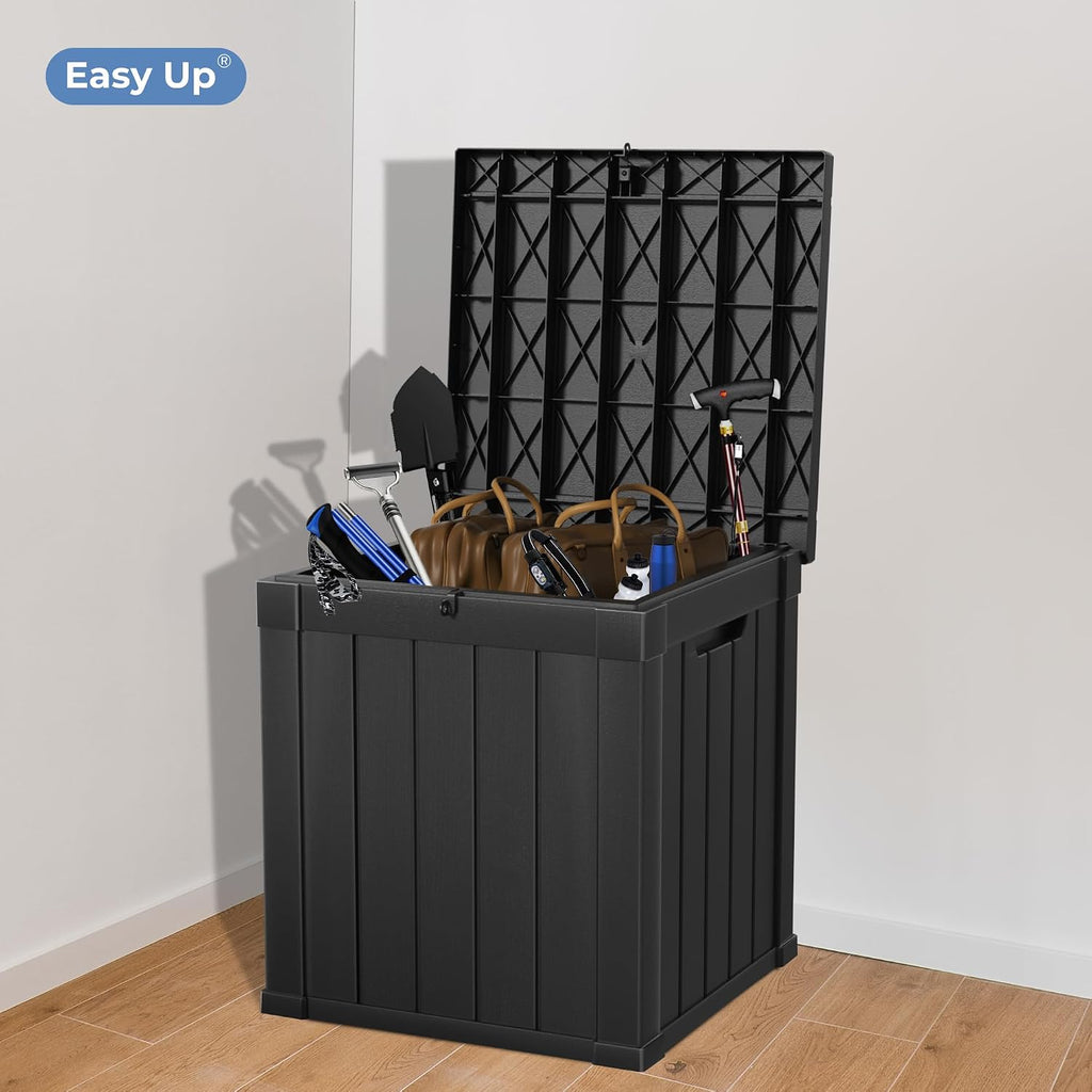 easyup 51 gallon outdoor storage box, outdoor deck, close-up detail