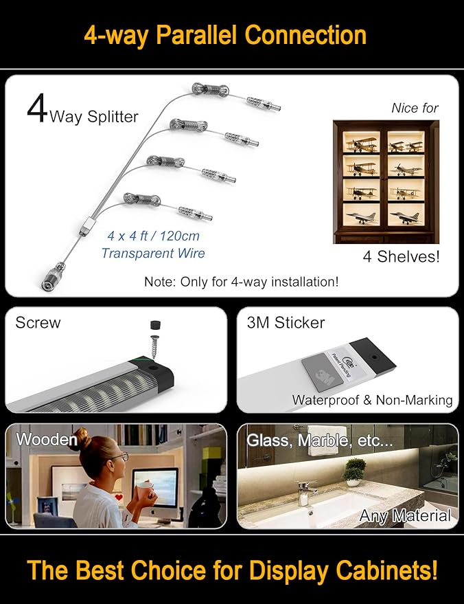 EBD LED Shelf Lights for Bookshelf Closet Bookcase 4-Way 48” Splitter Parallel