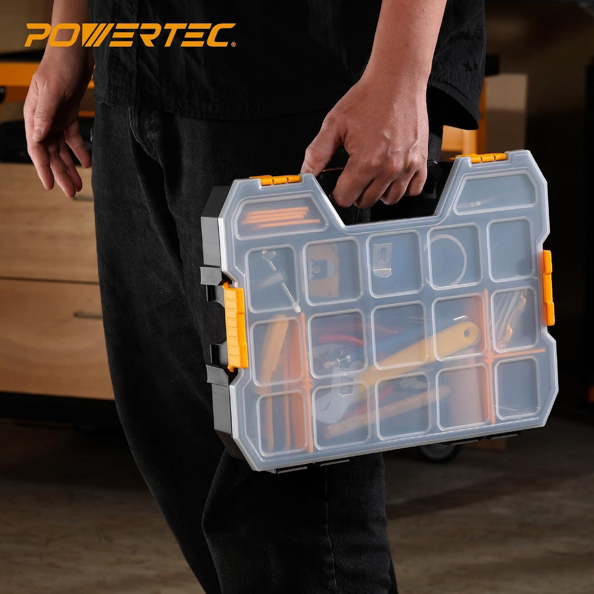 powertec stackable tool box organizer with removable dividers, package contents
