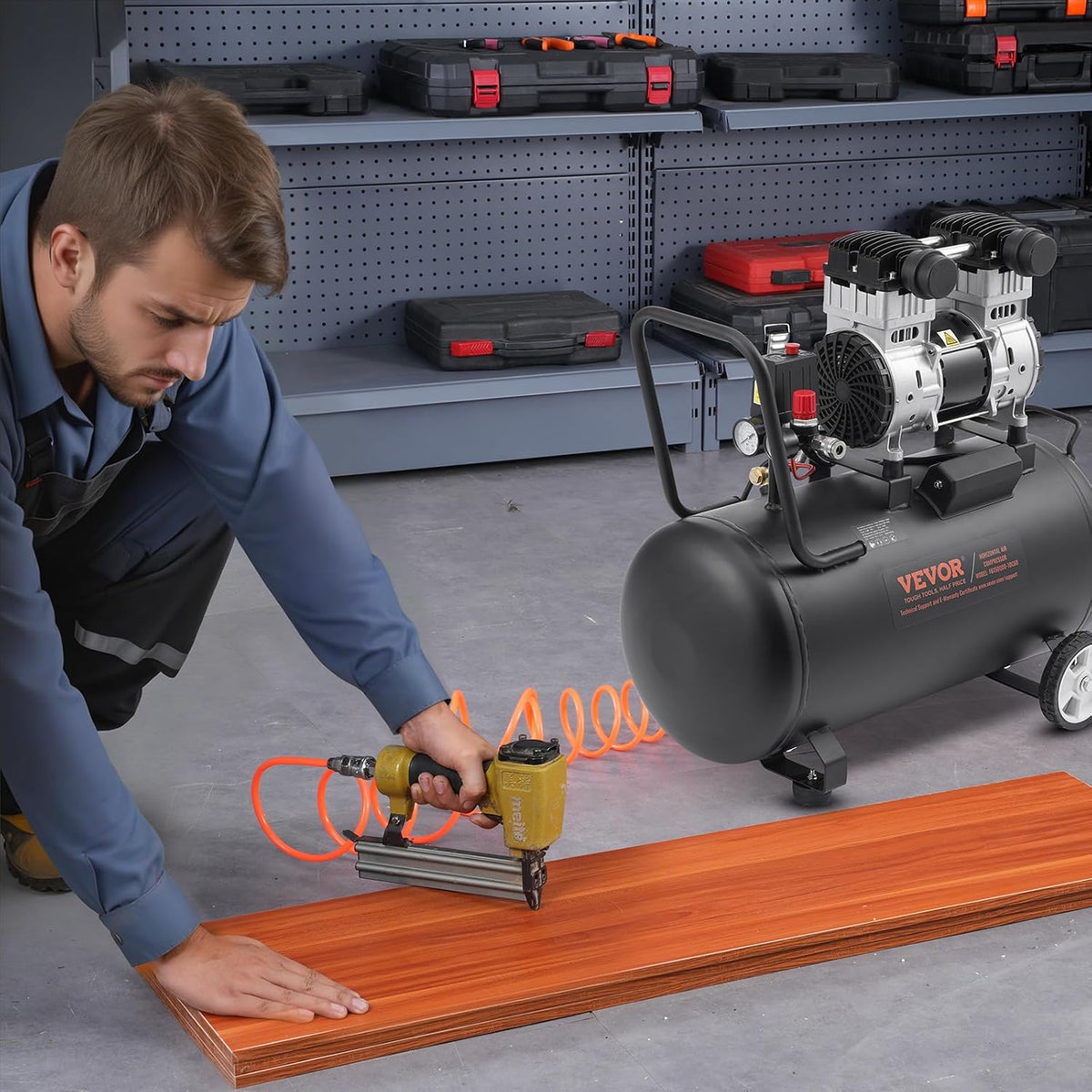 VEVOR Air Compressor, 15 Gallon Steel Tank, 2HP 5.3 CFM@90 PSI Oil Free Air Compressor & Max. 125PSI Pressure, 78dB Ultra Quiet Portable Compressor, for Auto Repair, Tire Inflation, Spray Painting