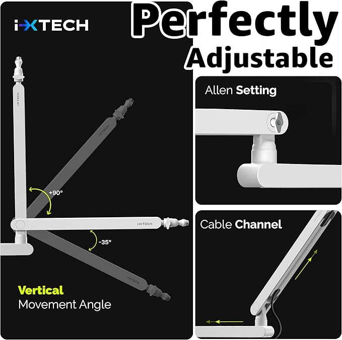 IXTECH White Microphone Boom Arm Stand Low Profile Boom Arm Adjustable Mic Stand
