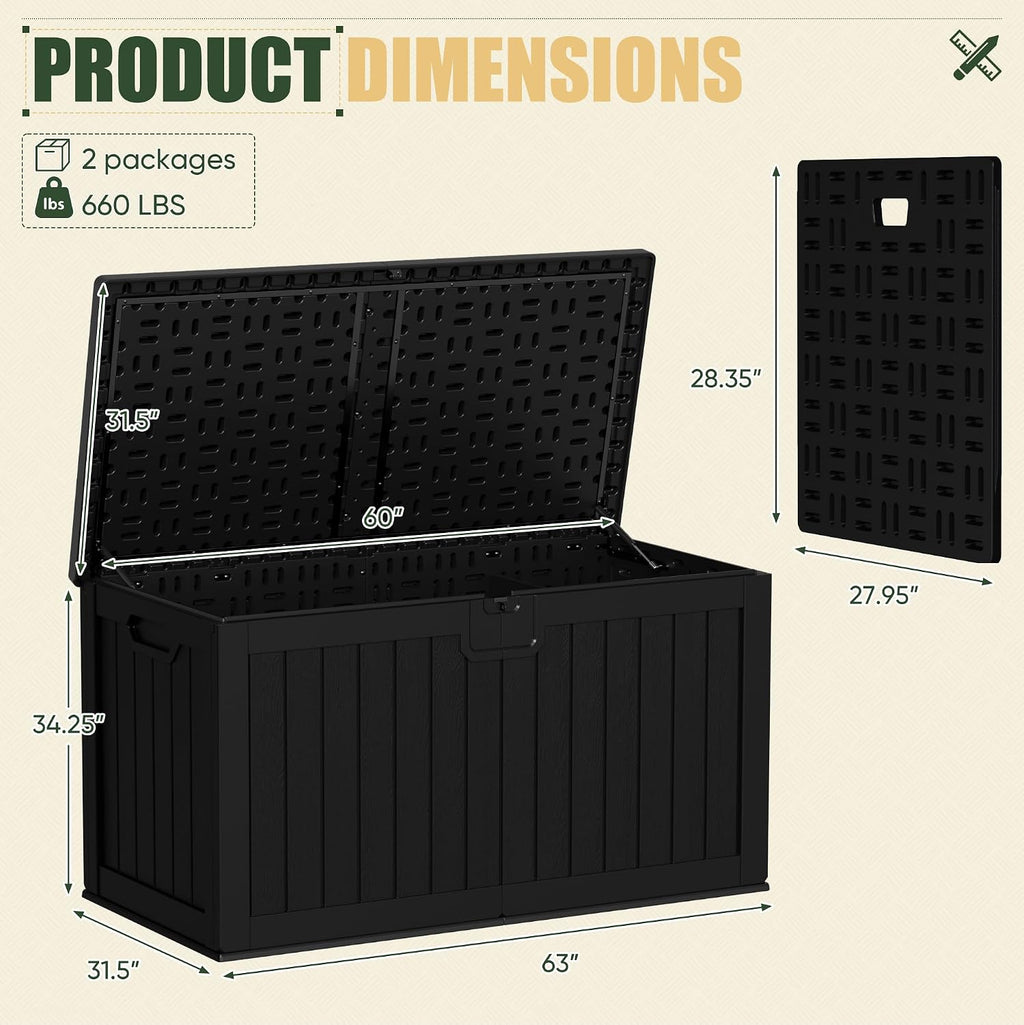 jummico hdpe 250 gallon deck box double-wall with showing dimensions