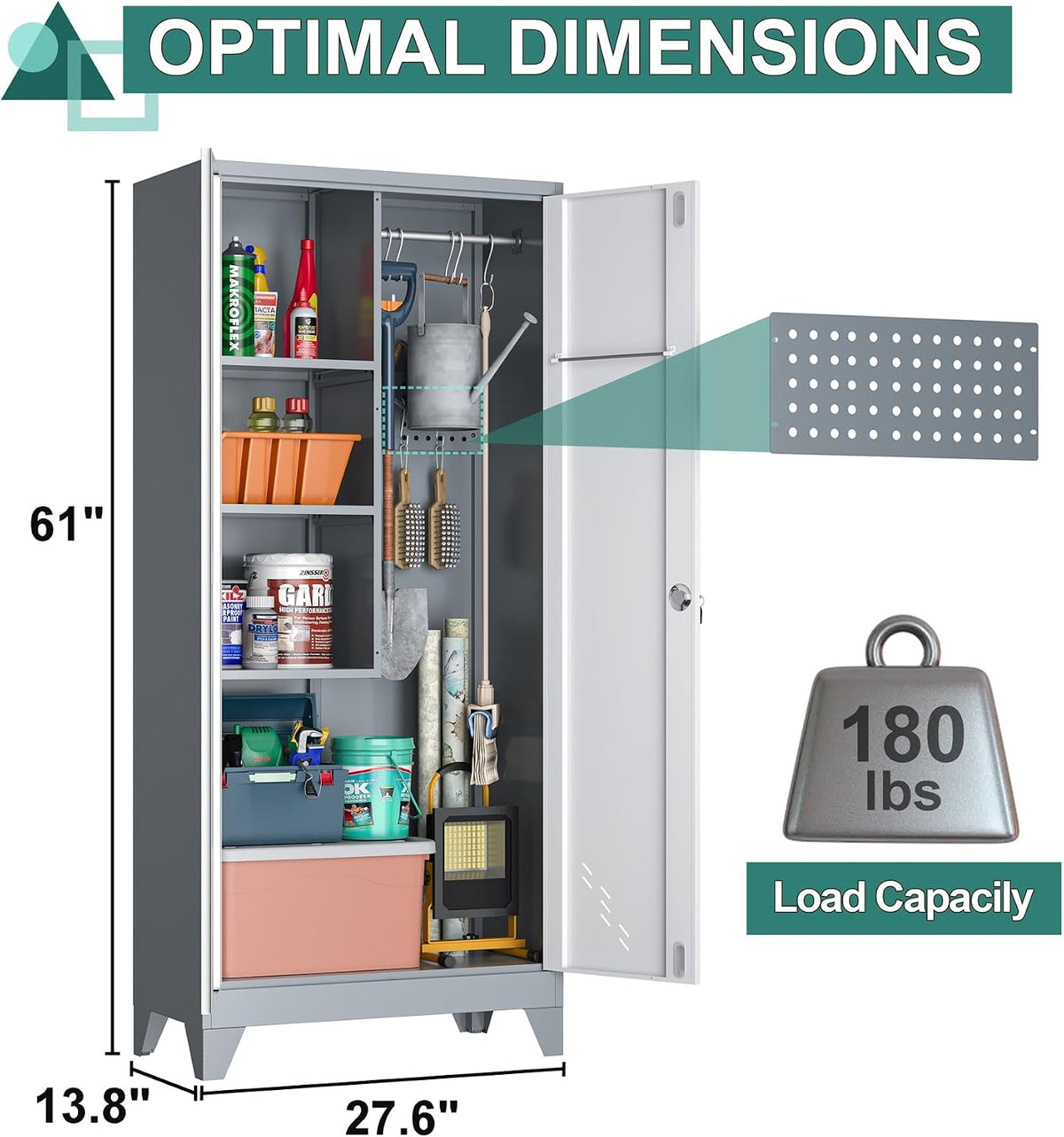 oseillc metal storage cabinet with locking doors, 61", close-up detail