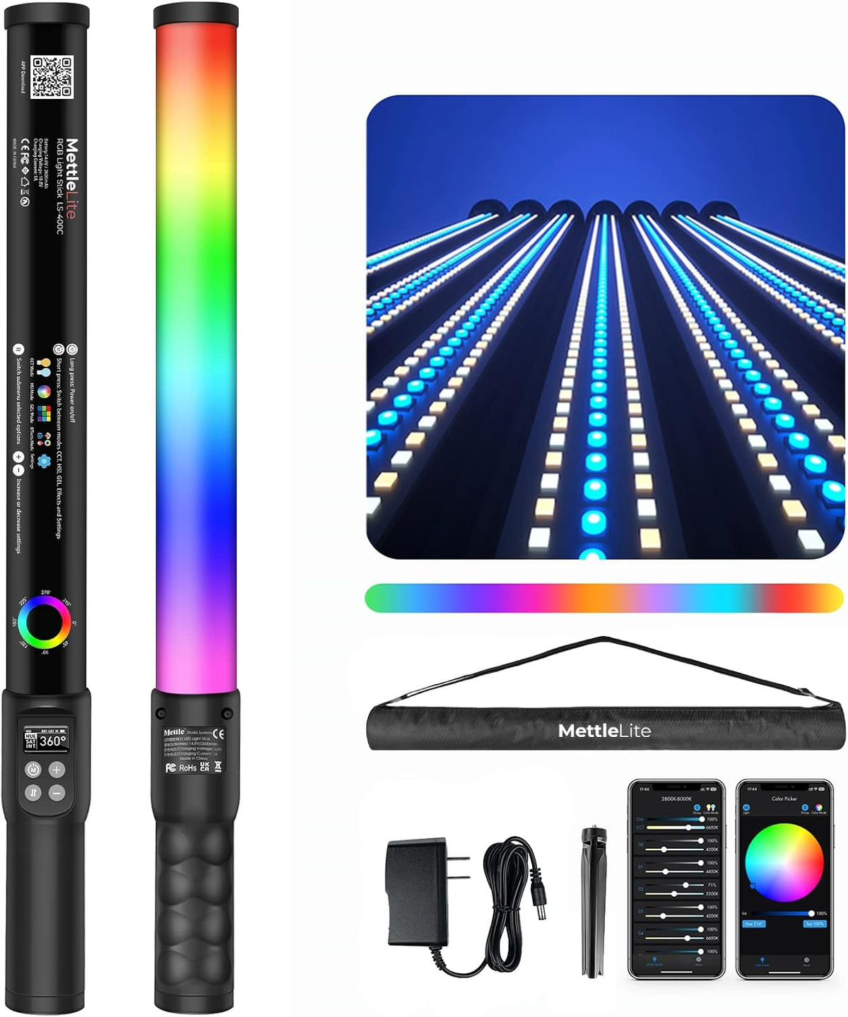 Mettlelite LS400C RGB LED Light Stick Full Color Continuous Output Video Light
