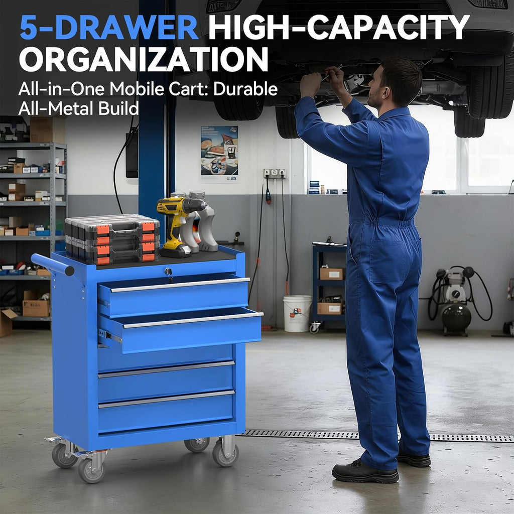 5-Drawer Rolling Tool Chest with Wheels, Metal Tool Storage Cabinet with Lock&Keys and Swivel, Toolbox with drawers, Tool Box for Warehouse,Garage, Repair Shop, Workshop (Blue, 5-Drawer)
