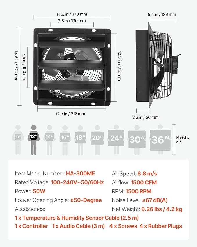 VEVOR 12 inch Shutter Exhaust Fan, Wall Mounted Attic Vent Fan