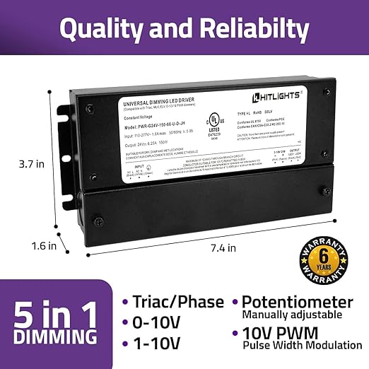 HitLights 150W Dimmable LED Driver, Electronic Transformer, 120V AC to 24V DC