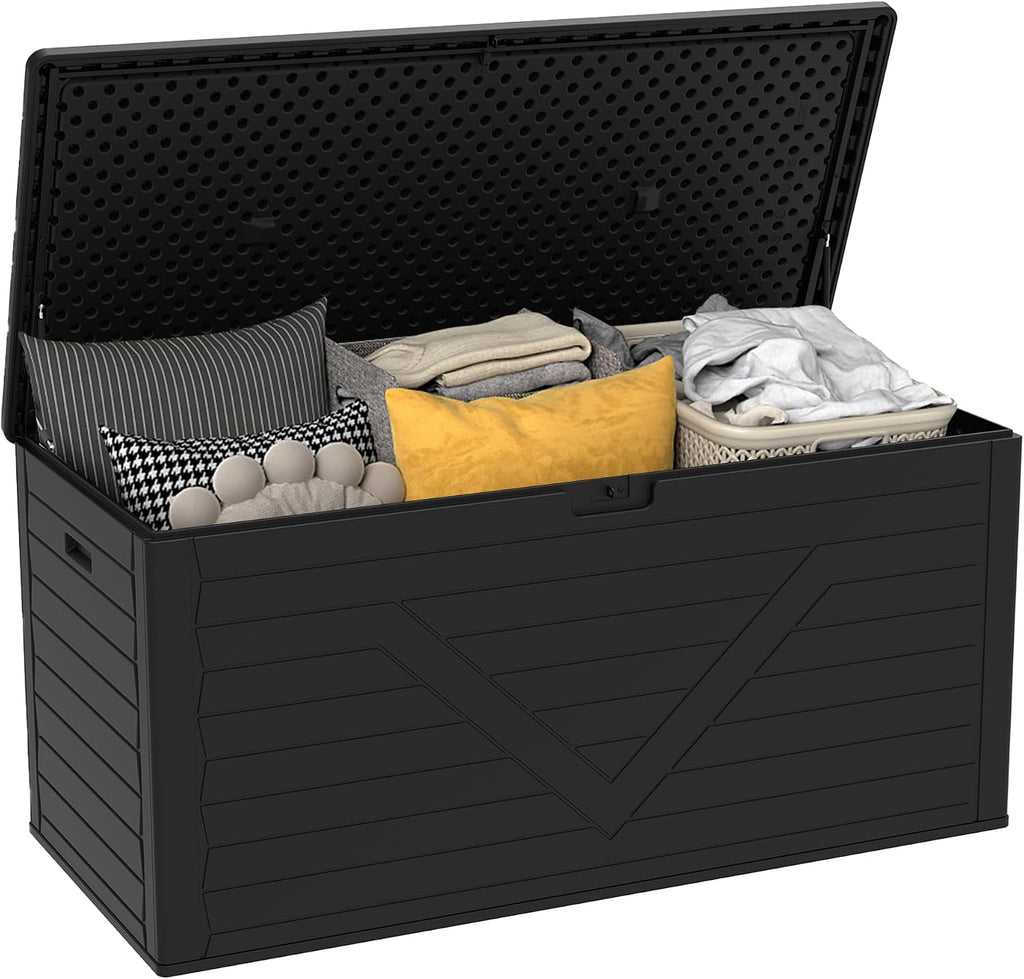 260 Gallon PRO Outdoor Storage Box Waterproof Lockable Resin Deck Box Large, Patio Storage Bin for Pool Accessories Cushion Furniture, Garden Tools, UV-Resistant Outside Delivery Black