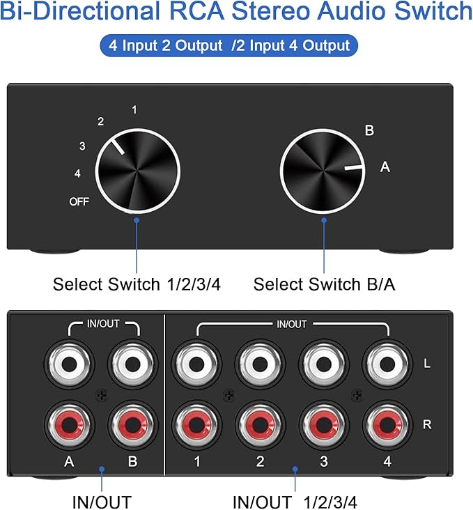 Y.D.F 4-Way Bi-Directional RCA Switch, HiFi AV L/R Sound Channel 2 in 4 Out or