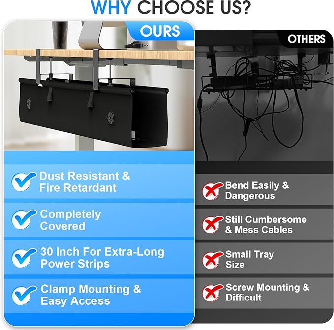 KIGJU Under Desk Cable Management Tray, 30-inch No-Drill Cord Organizer