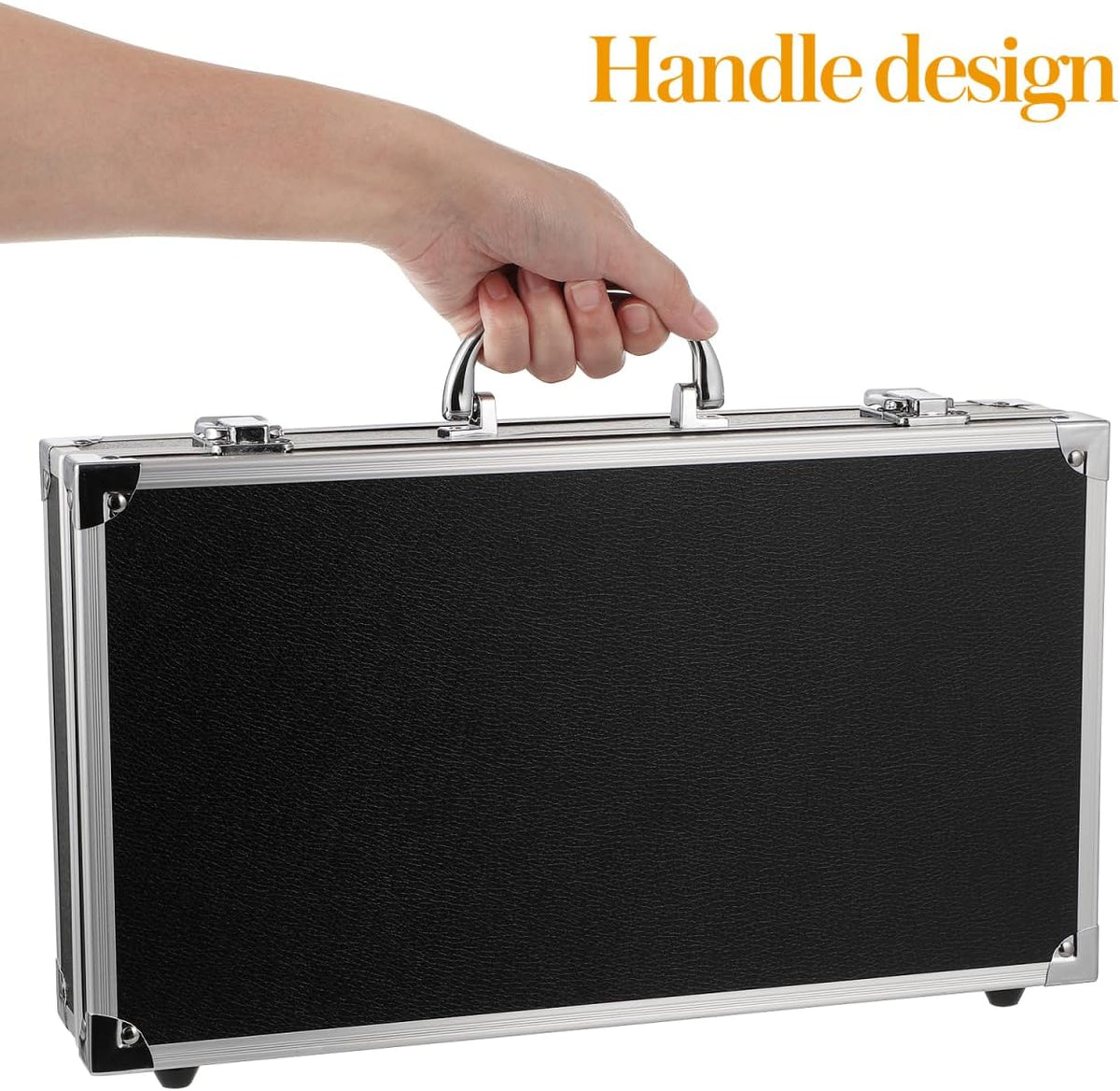 black aluminum briefcase with latch, metal hard case showing dimensions