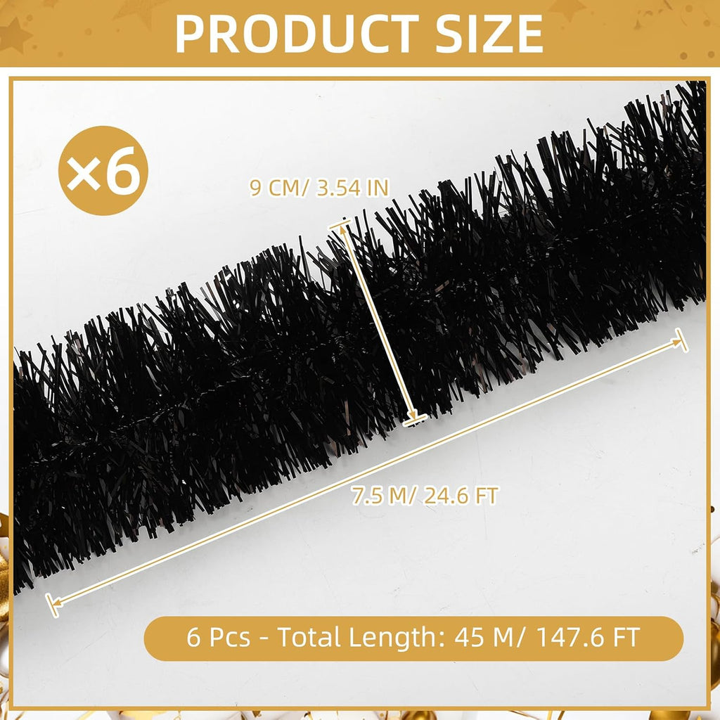 150 FT Black Tinsel Garland - Holiday Tinsel Garland for Christmas, Halloween, New Year, Birthday Parties & Tree Decorations (Black)