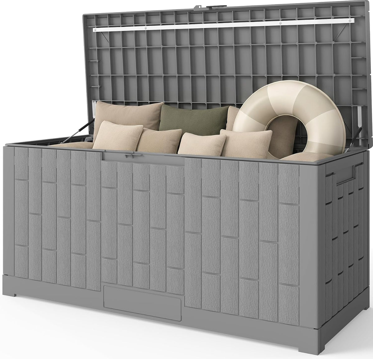 outdoor storage box, 120 gallon waterproof resin patio shown in use