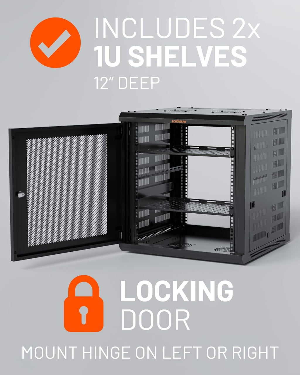 ECHOGEAR 12U Network Rack w/Enclosed Design, Easy Install, 600mm Depth