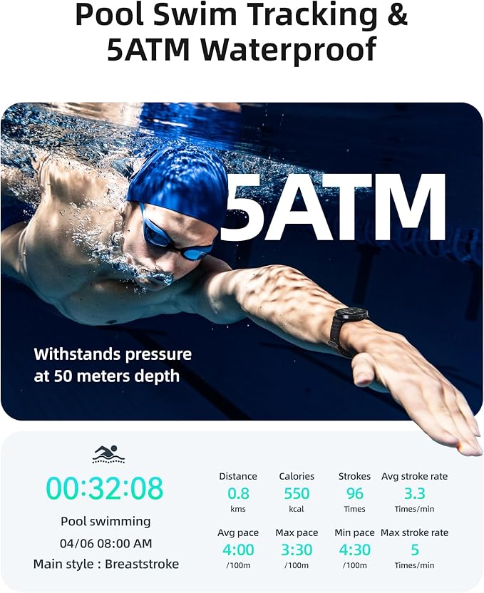 Parsonver Smart Watch for Swimming, 5ATM Waterproof Watch for Pool & Open Water