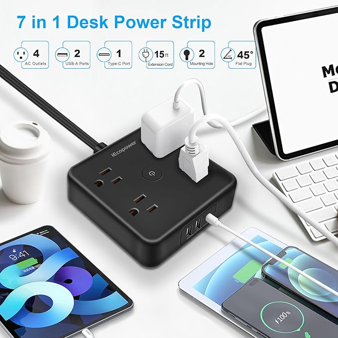 Surge Protector Power Strip 15 ft Cord, Long Power Strip (2 Pack)