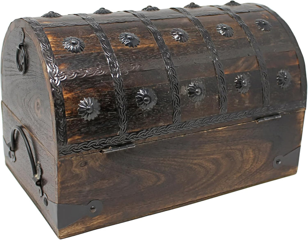 Nautical Cove Wooden Treasure Chest with Padded Velvet Lining and Antique Lock with Skeleton Keys (Large 13x8x8.75) – Luxury Wood Pirate Chest, Decorative Box with Lid, Wooden Lock Box, Pirate