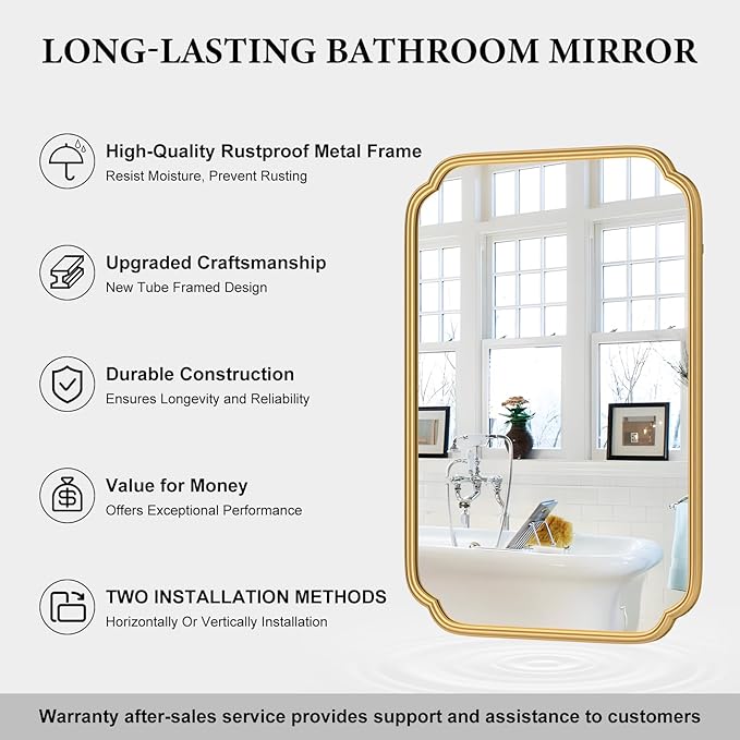 Gold Bathroom Vanity Mirror for Wall 24" x 36" Modern Rounded Rectangle Mirror