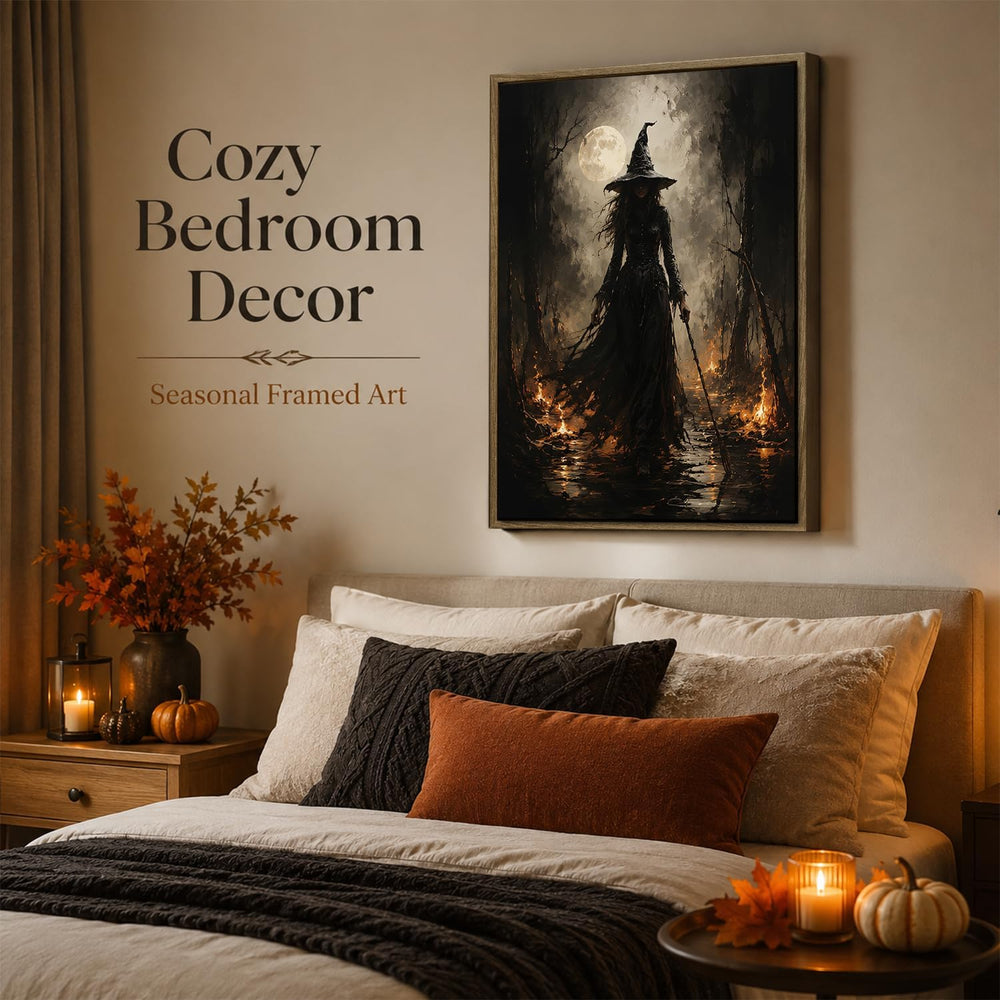 Halloween Framed Wall Art, Dark Witch in Moonlit Forest Halloween Pictures