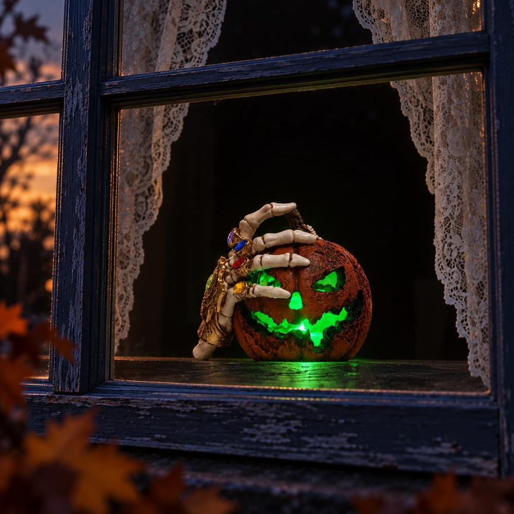 Halloween Jack O Lantern with Skeleton Hand, Green LED Pumpkin Light