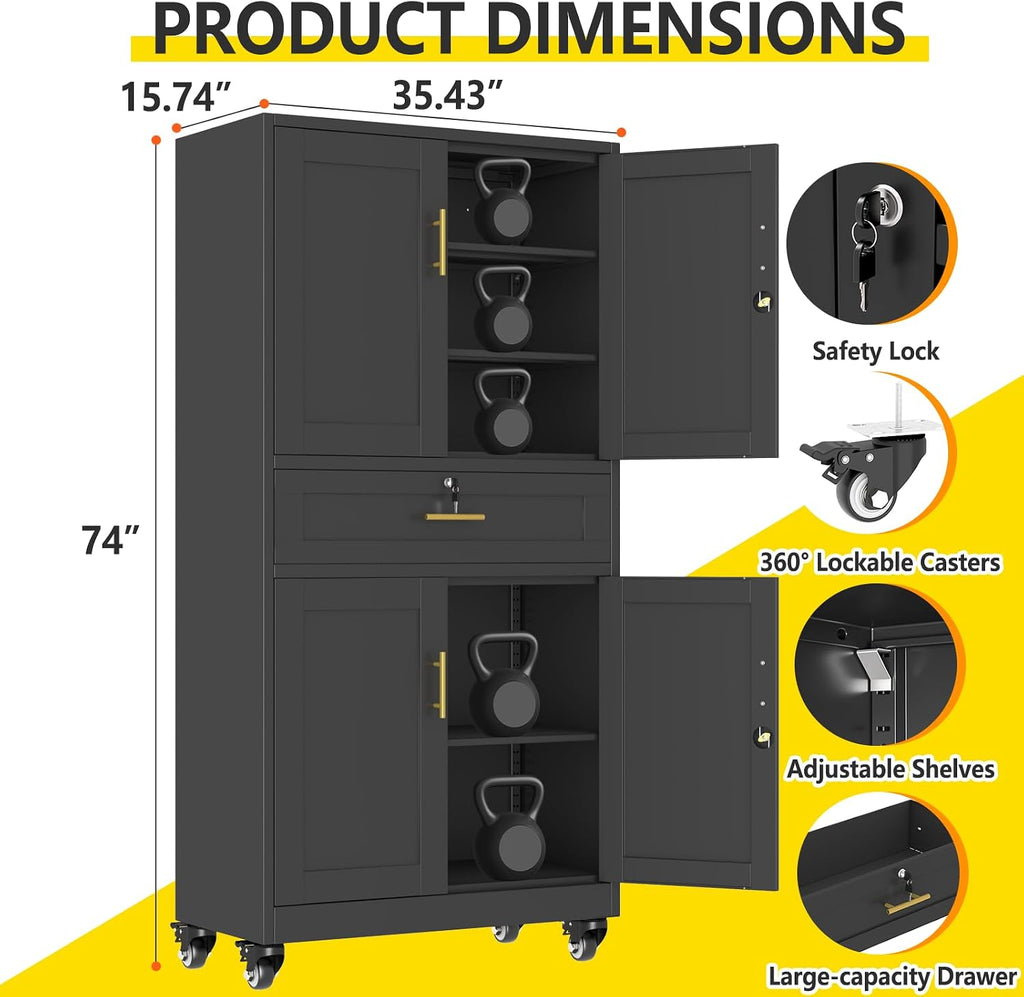pozdeg 74" black lockable rolling metal garage storage, close-up detail