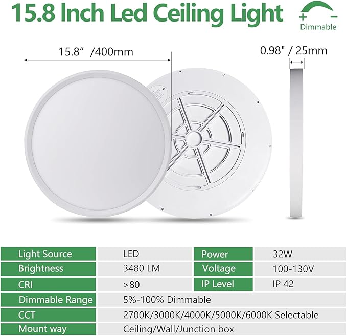 15.8 Inch Dimmable LED Flush Mount Ceiling Light, 3000K/3700K/4000K/5000K/6000K (4PK)