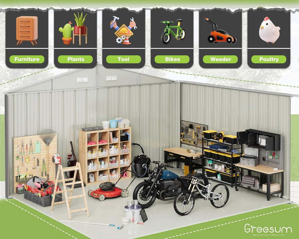 greesum 10x8ft outdoor storage shed utility tool shed, package contents