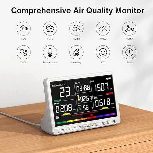 16 in 1 Air Quality Monitor Indoor 7" Display 9 AQI+7 AQI Alerts, CO2 Monitor
