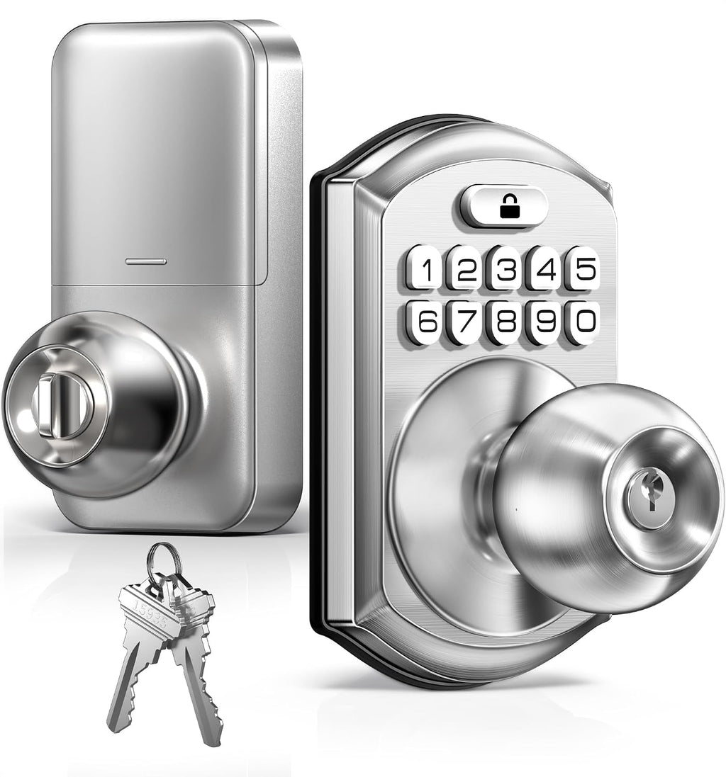TEEHO TE003 Keypad Door Knob Lock, Keyless Entry Door Handle, Satin Nickel