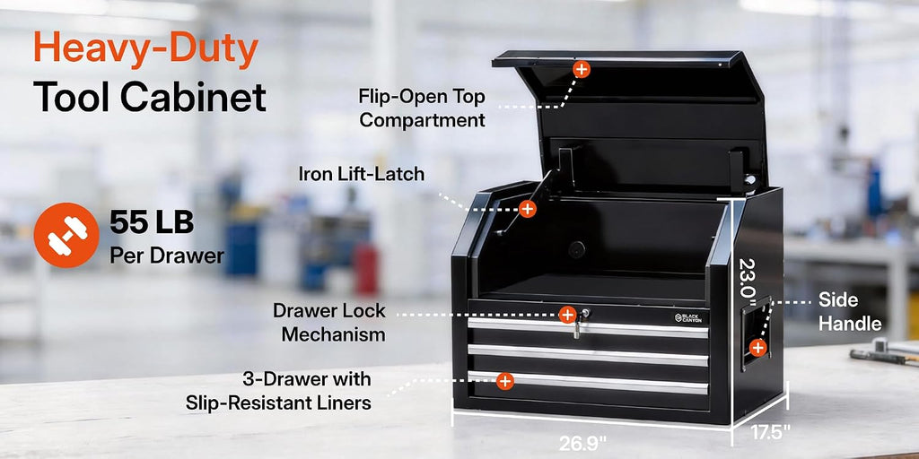 26" rolling tool chest with 3 drawers, close-up detail