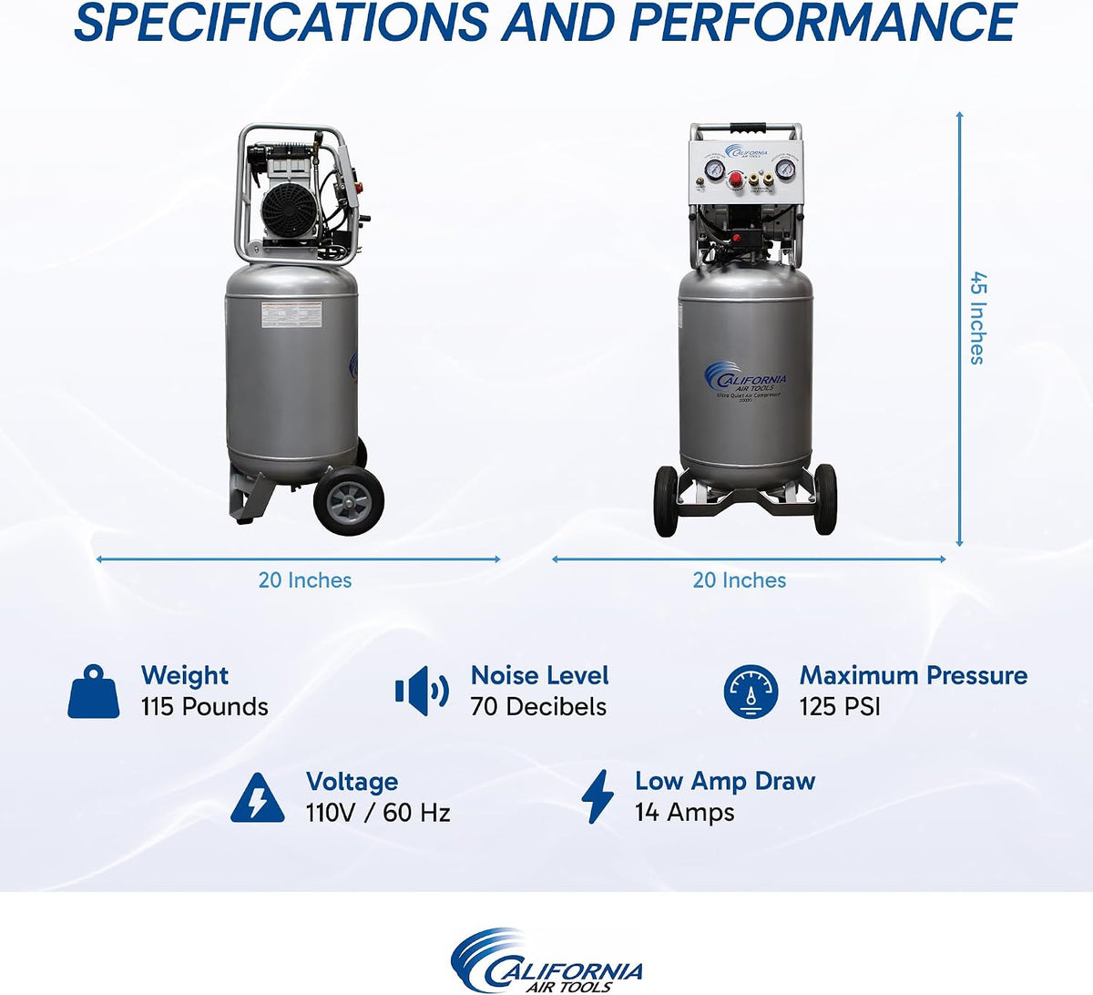 California Air Tools 20020AD 2.0 HP Ultra Quiet and Oil-Free Air Compressor with Wheels, 20 Gallon Tank Capacity, 70 dB Noise Level, Electric, Portable, with Automatic Drain Valve