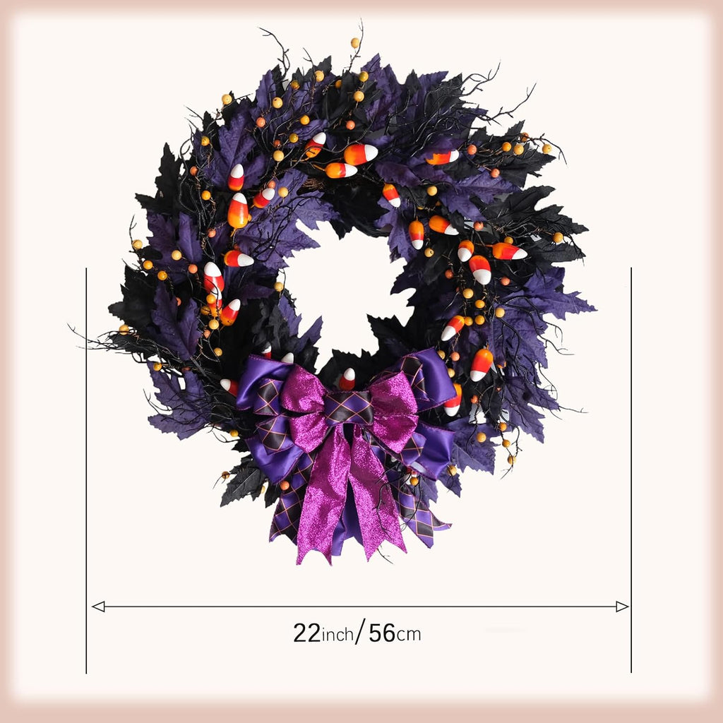 idyllic 22 Inches Halloween Door Wreath, Black Halloween Wreaths for Front Door with Purple Bow Witch Ornaments Decorations