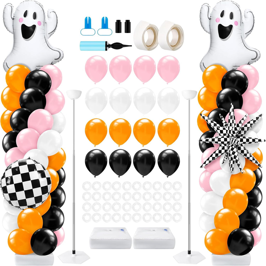 Kasyat 2 Sets Pink and Orange Halloween Balloon Arch Kit with Ghost Black White Checkered Round Ball Explosion Star Foil Balloon Orange Pink Black White Garland for Spooky Theme Party Decoration
