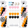 Kasyat 2 Sets Pink and Orange Halloween Balloon Arch Kit with Ghost Black White Checkered Round Ball Explosion Star Foil Balloon Orange Pink Black White Garland for Spooky Theme Party Decoration