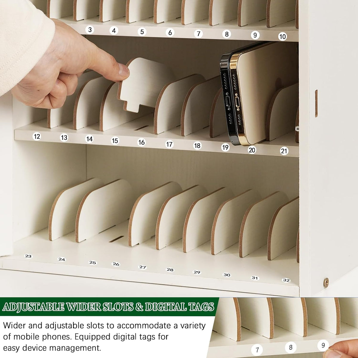 wooden phone lock box,adjustable 33 slots cell phone, side view