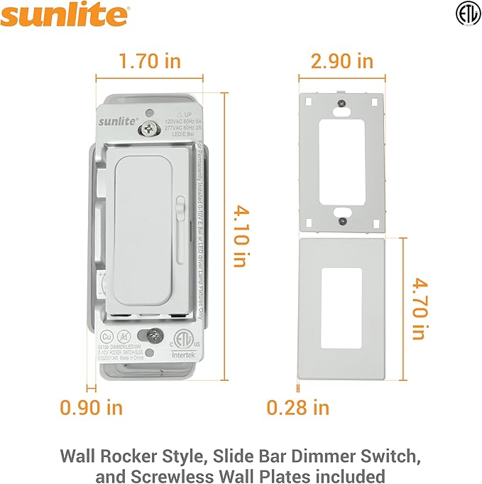 Sunlite LED Wall Rocker Style, Slide Bar Triac Dimmer Switch, Screwless Wall (4 Pack)