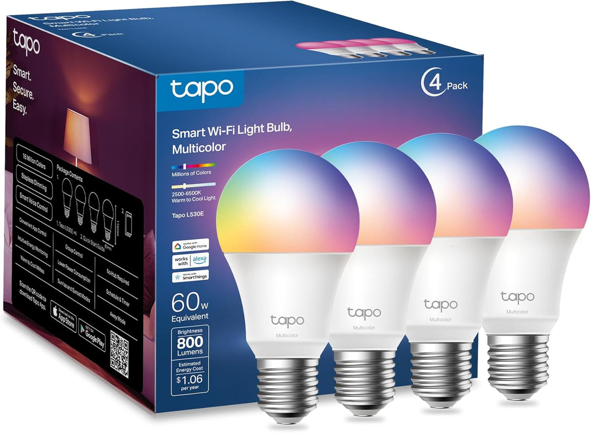 Tapo TP-Link Smart Light Bulbs, 16M Colors RGBW, Compatible (4-Pack)