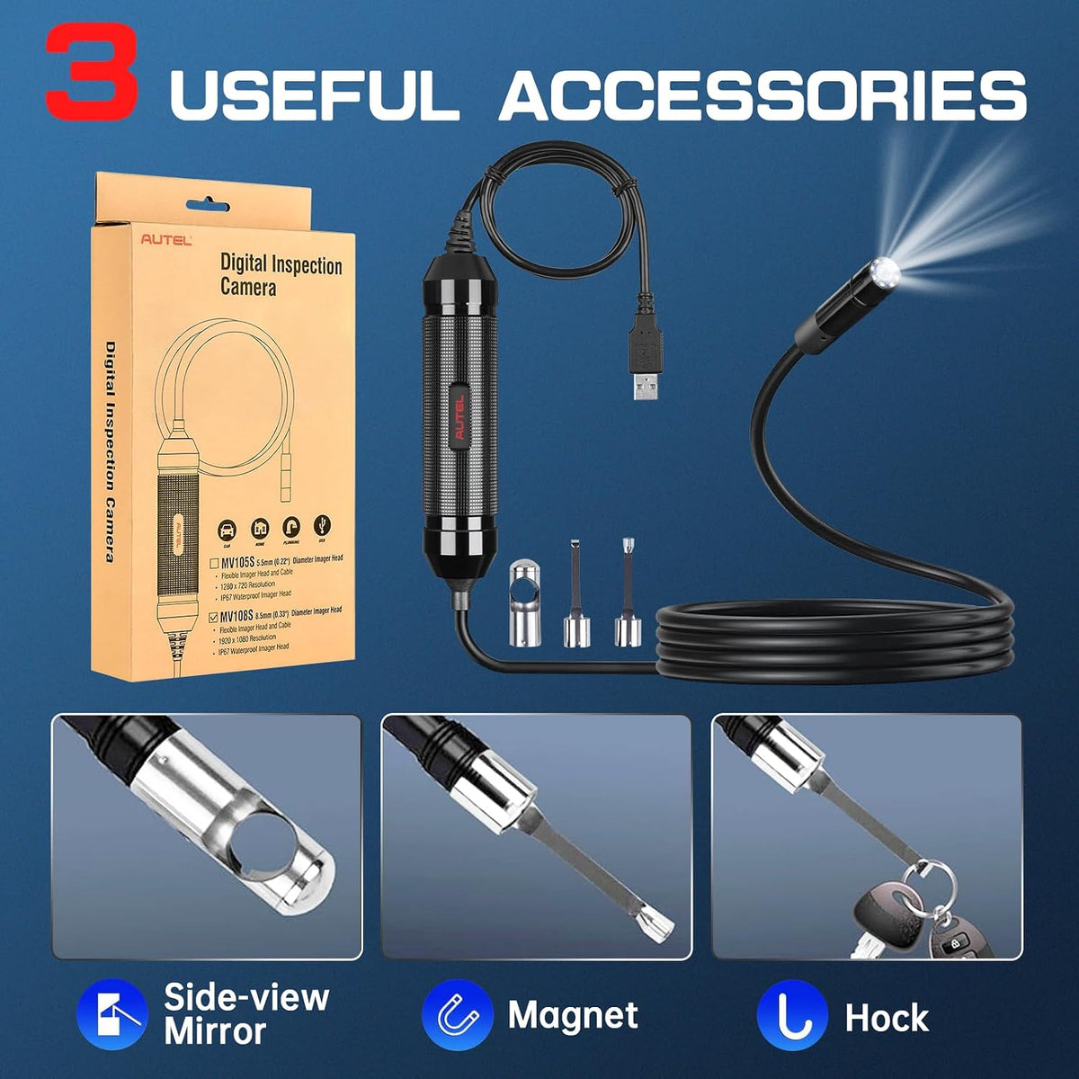 Autel MaxiVideo MV108S USB Endoscope, Waterproof 8.5mm Imager Inspection Camera with Light, 1920x1080 HD 2MP Borescope for Autel Scanner & PC, Upgrade of MV108 MV105, Snake Camera with 1M Cable