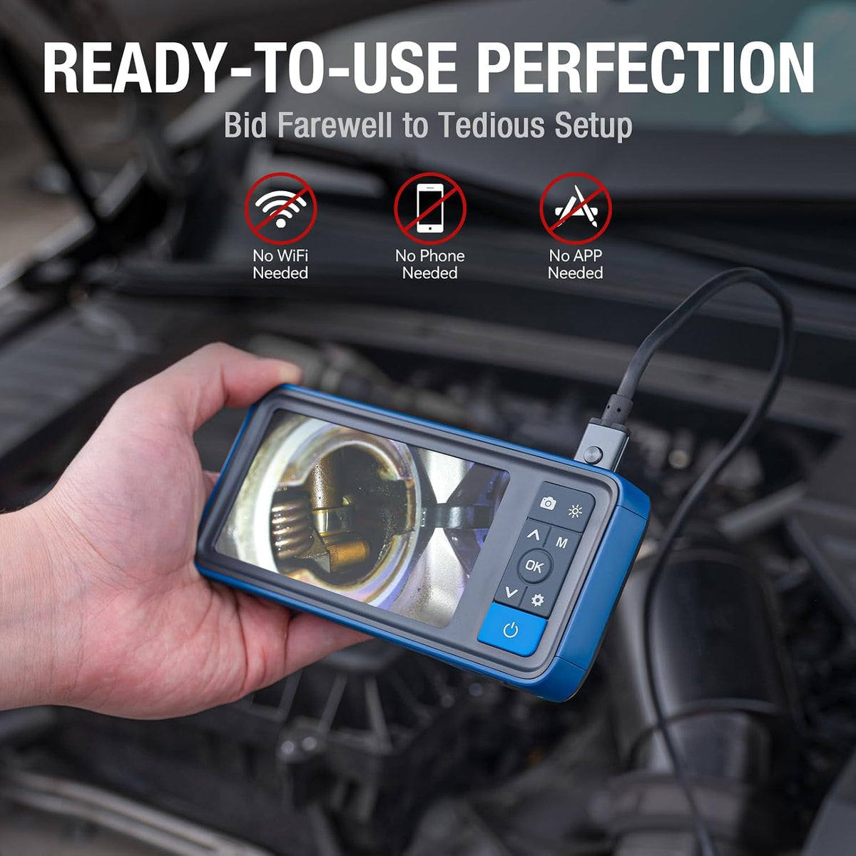 dual lens endoscope with light, teslong ms450 automotive shown in use