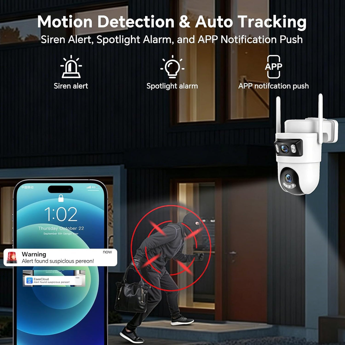 Dual Lens Security Camera Outdoor, 2.4GHz WiFi Cameras for Home Security, 360° View Pan/Tilt with Color Night Vision, 2K Full HD Video, 2-Way Audio, Works with Alexa, Motion Detection, Auto Tracking