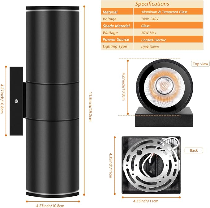 RIDALUX Outdoor Wall Light Cylinder Waterproof : 2 Pack Exterior Fixtures Wall